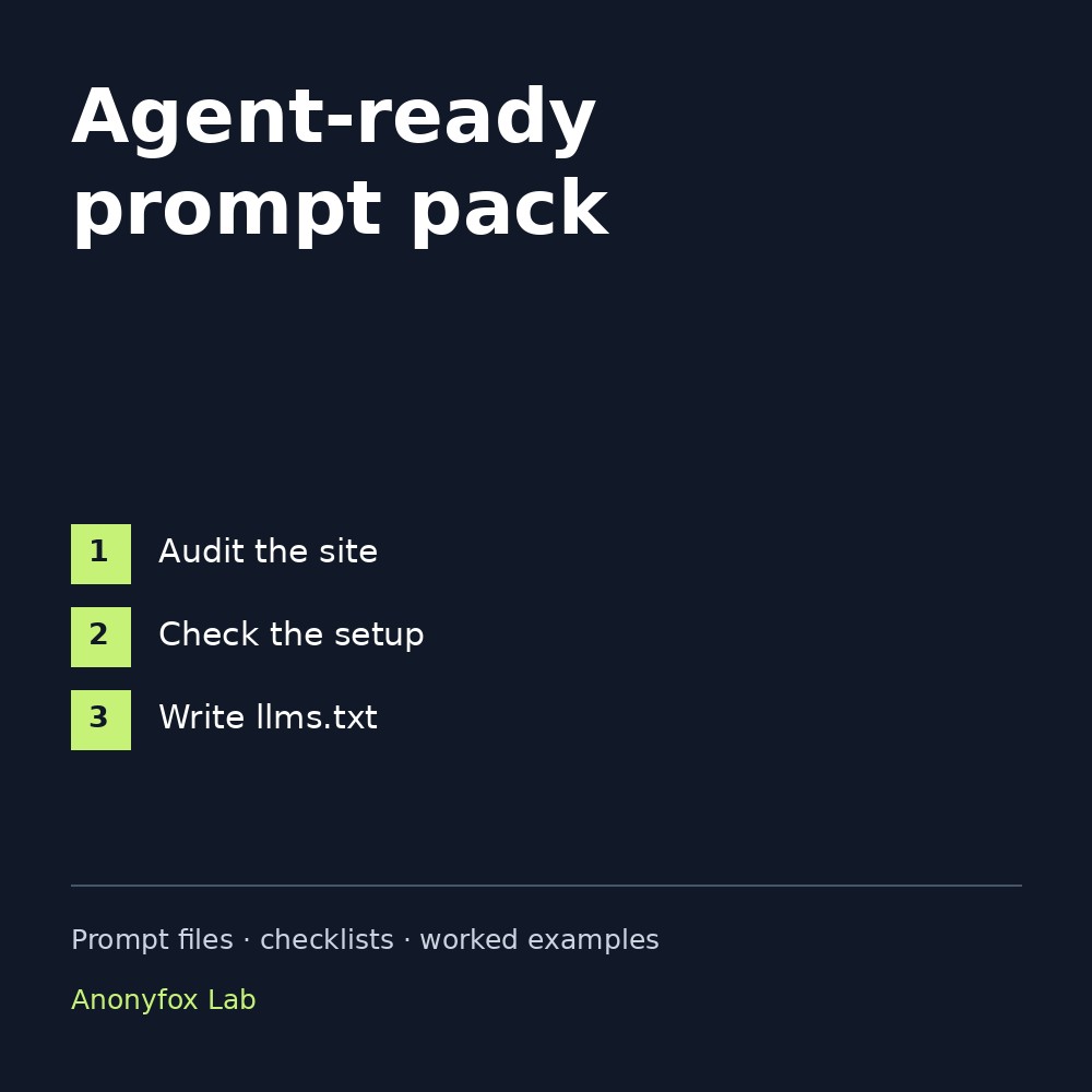 Agent-ready prompt pack: site readiness, security and llms.txt, with four agent formats.