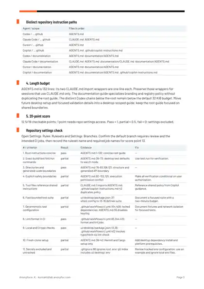 Page 3 of the sample report: instruction load paths, length budget and evidence for the 12.5 of 19 score