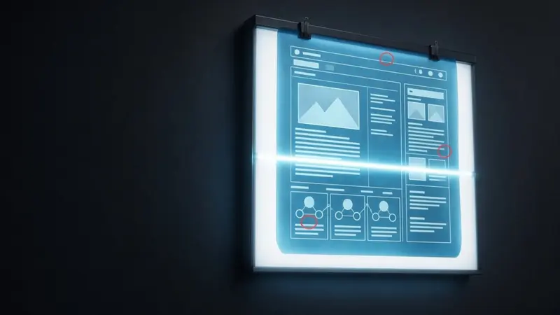 An X-ray film reveals the structure of a website on a cyan lightbox; coral circles mark findings