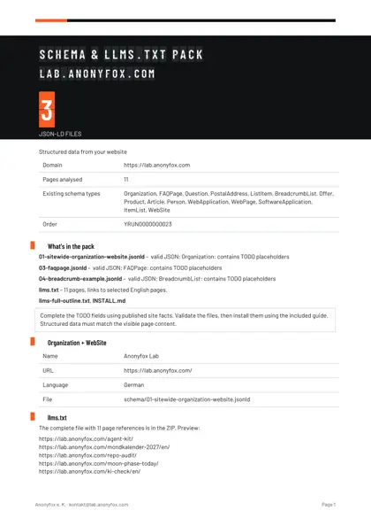 English schema pack sample with file list, structured website facts and install instructions