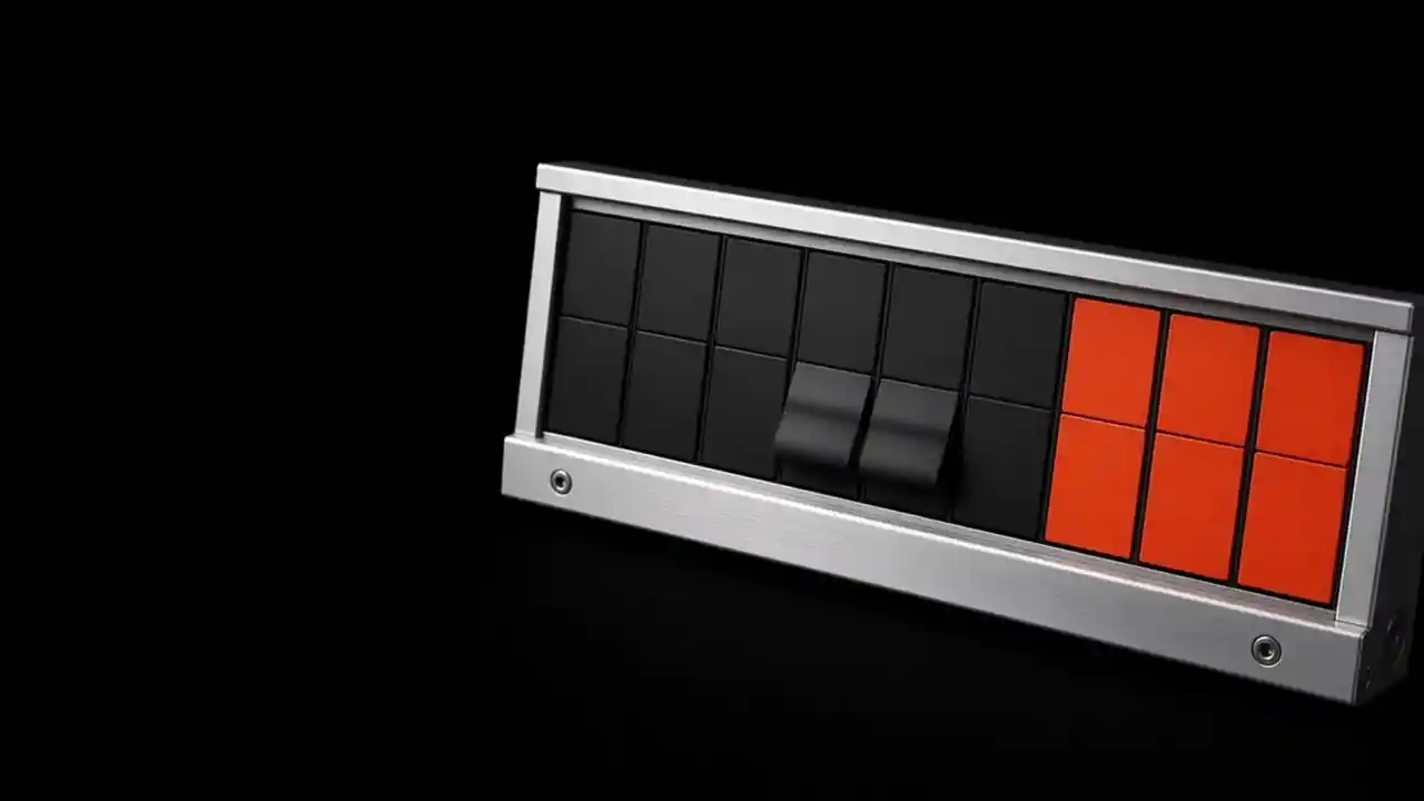 Matte schwarze Klappen mit orangefarbenen Flächen und metallenen Scharnieren