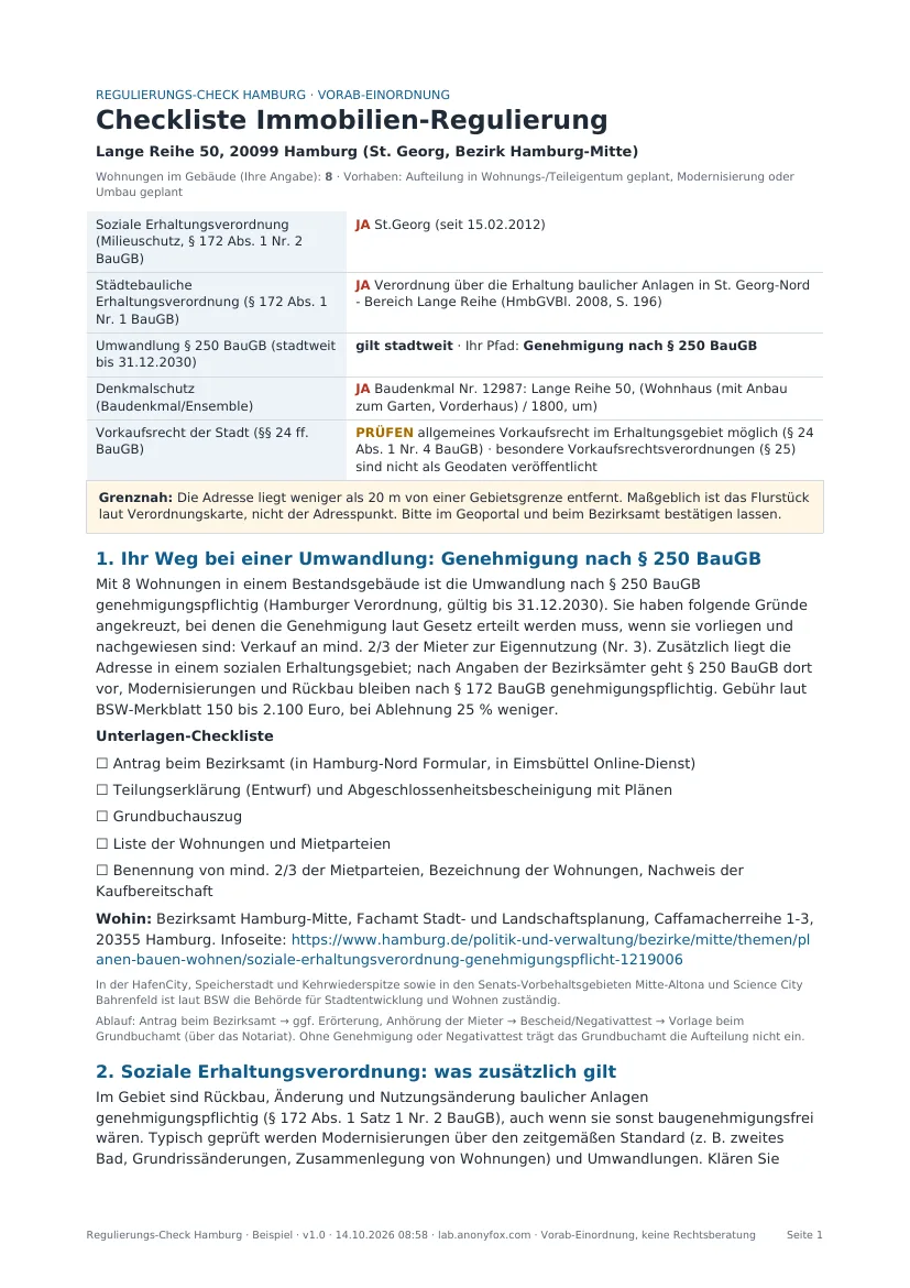 Erste Seite einer Beispiel-Checkliste für Lange Reihe 50