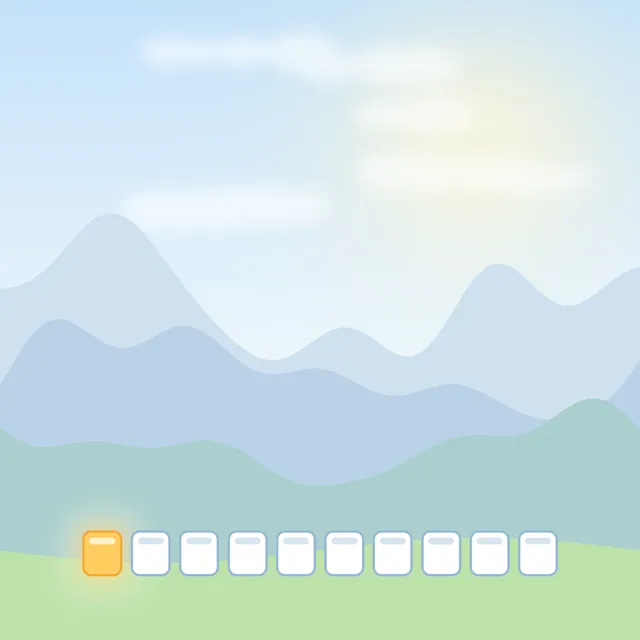 Sonniger Alpenmorgen mit zehn Kalenderkacheln in einer Reihe, die erste leuchtet golden