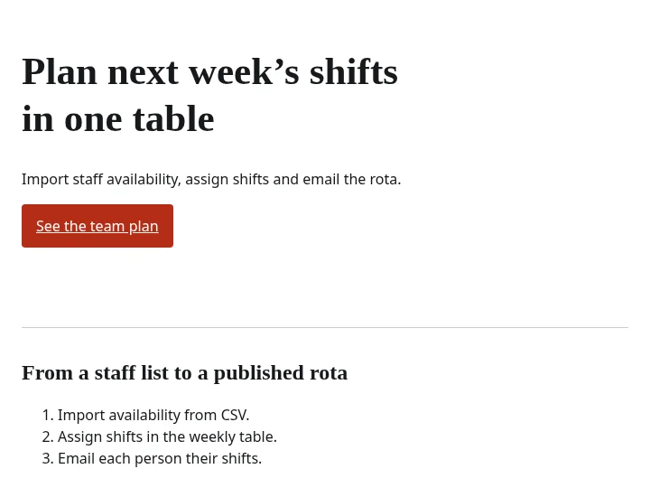 The pack’s Rota example after editing: a heading about planning next week’s shifts, a named action and three scheduling steps