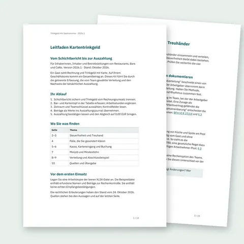 Zwei echte Seiten aus dem Leitfaden Kartentrinkgeld: Seite 1 mit Ablauf und Inhaltsübersicht, Seite 3 zu Treuhand und Pool