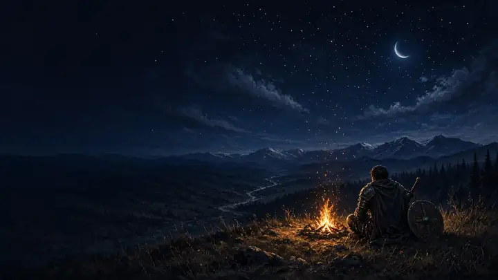 Illustration: an armoured warrior resting by a campfire under the stars