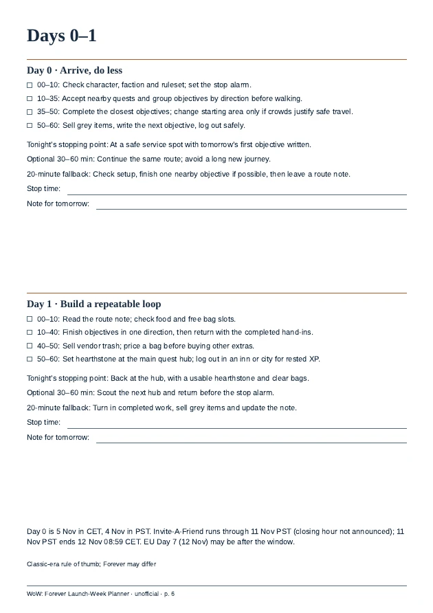 Actual A4 colour PDF Day 0 and Day 1 tasks, checkboxes and stopping points